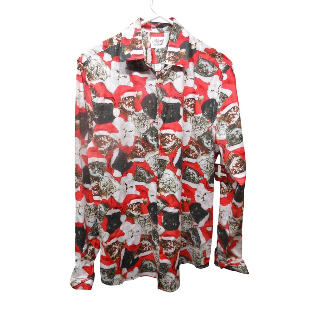 North Pole Trading Co Mens Small Santa Cats Holiday Button Up Shirt Regular Fit